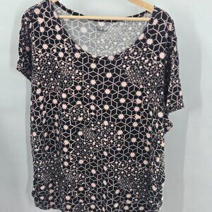 Simply Emma Black Pink Geometric Stars Short Sleeved Top 2x